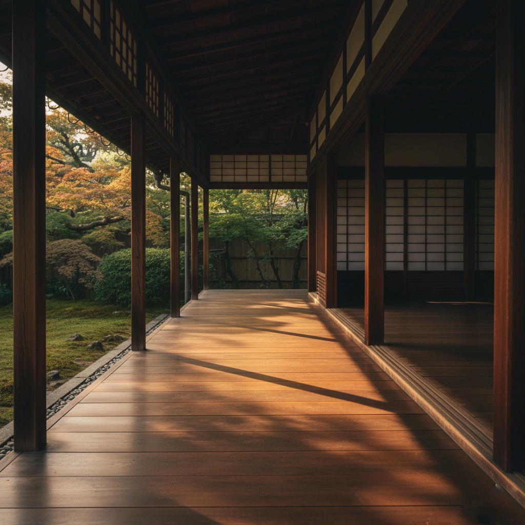 empty wooden corridor in a Zen temple with soft natural light, symbolizing art as living meditation in pure stillness
