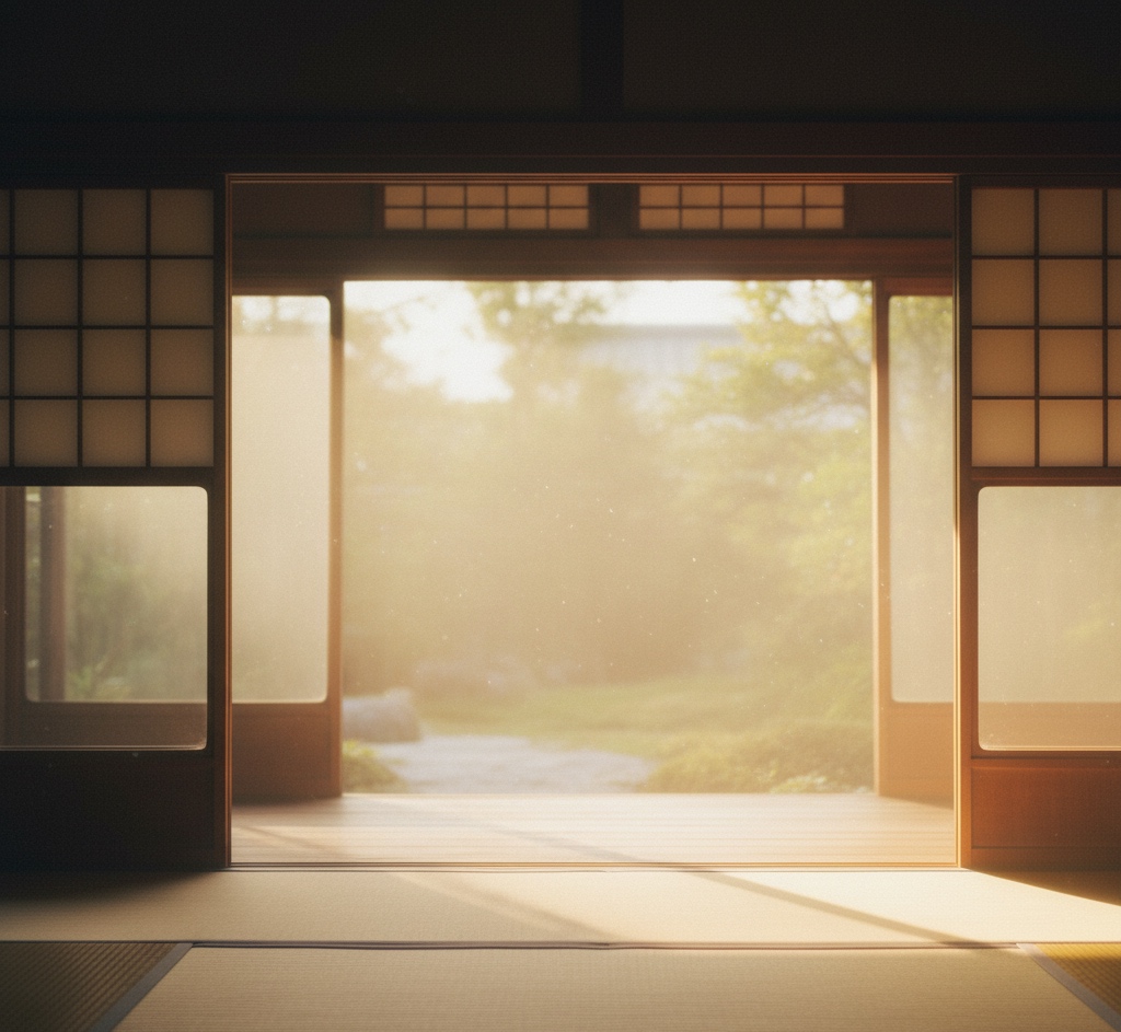 soft morning light flowing through an open shoji between interior and nature, symbolizing harmony between inner and outer worlds