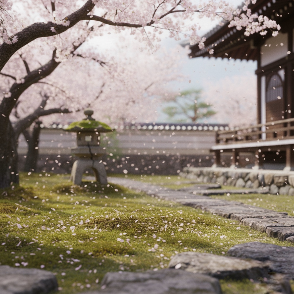 falling cherry blossoms near a moss-covered stone lantern symbolizing the Zen concept of impermanence