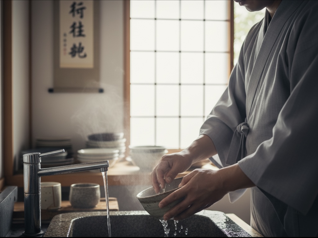 everyday mindfulness with simple tea preparation and cleaning in a Japanese home
