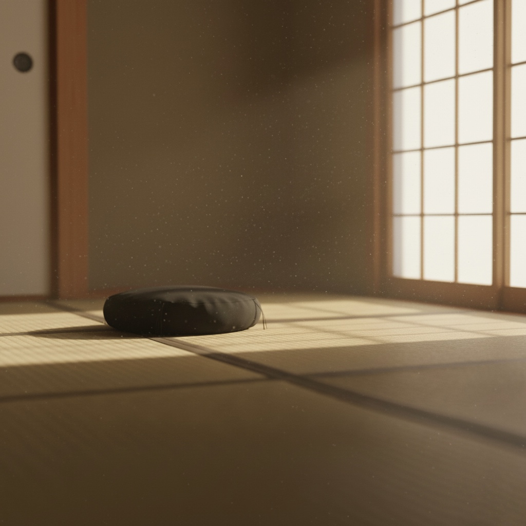 soft morning light in a quiet Japanese room with a zafu cushion suggesting silent zazen