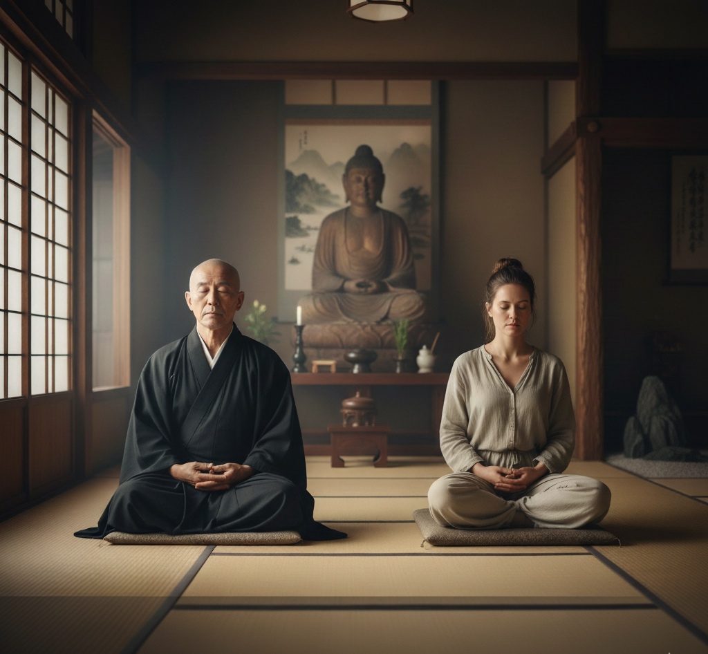 Zen monk practicing zazen meditation to observe stress without judgment