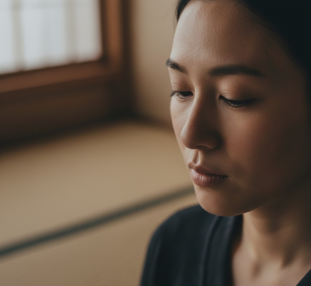 mindful awareness with eyes softly downcast during shikantaza meditation