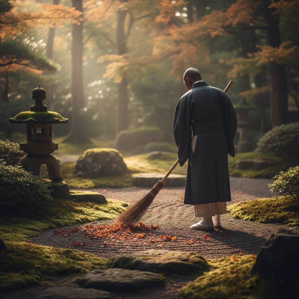 a Zen monk sweeping a moss garden, symbolizing that practice and realization are one