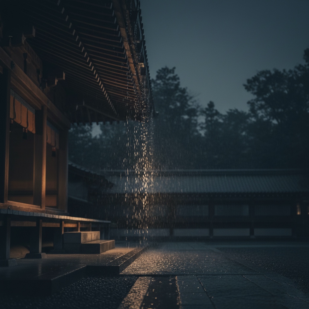 soft evening rain falling on temple eaves, symbolizing the quiet that has always been with you