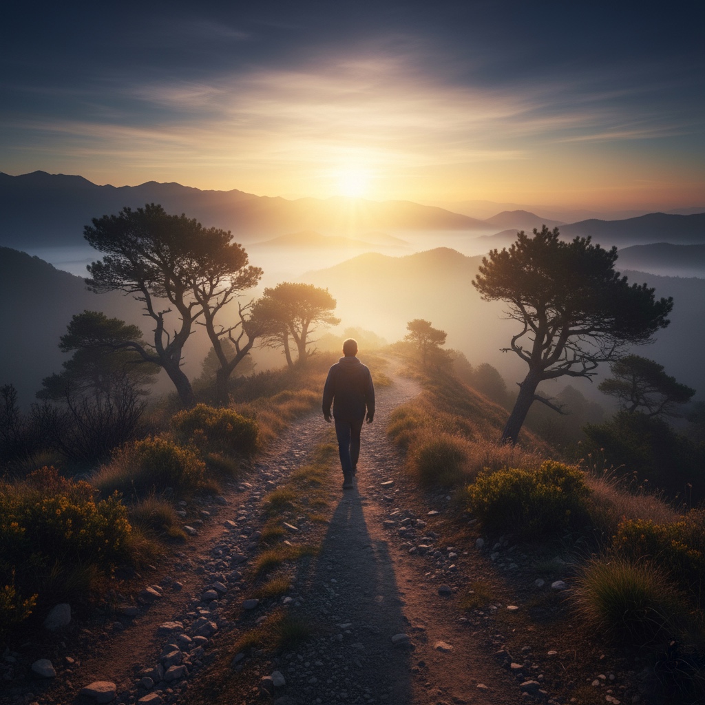  a person walking a mountain path at dawn, symbolizing the Zen teaching that the path is where you stand