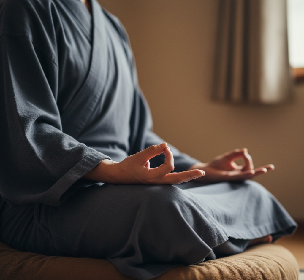 close view of hands in cosmic mudra and upright spine posture during zazen
