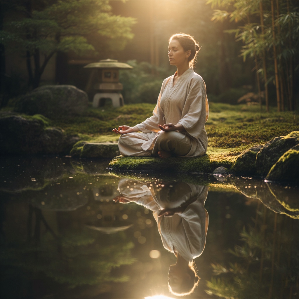 reflection of a person meditating by water, expressing awareness of the true self in Zen
