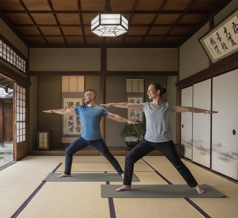 Travelers enjoying Zen retreat near Mt. Fuji
