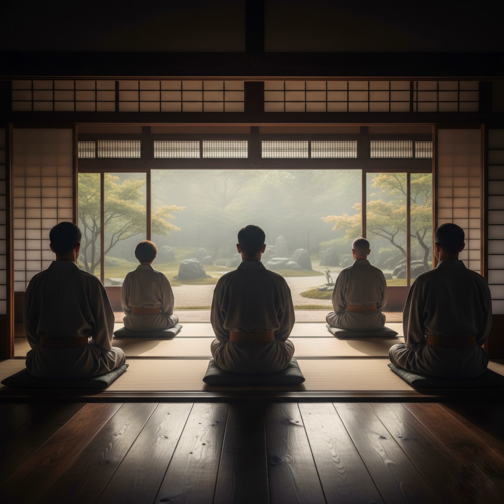 participants sitting peacefully in a Zen retreat near Mt. Fuji, reflecting calm and gratitude