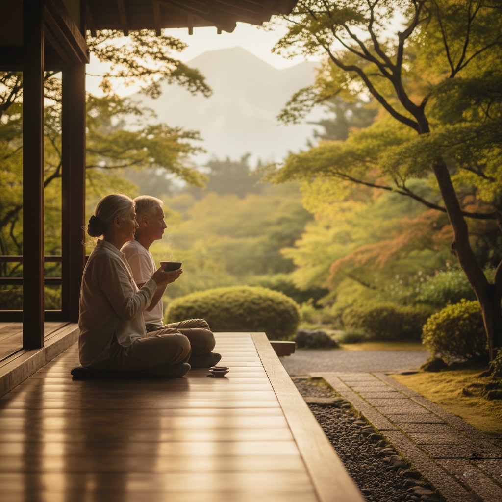 participants enjoying a zen retreat in Japan with tea and a quiet temple garden path