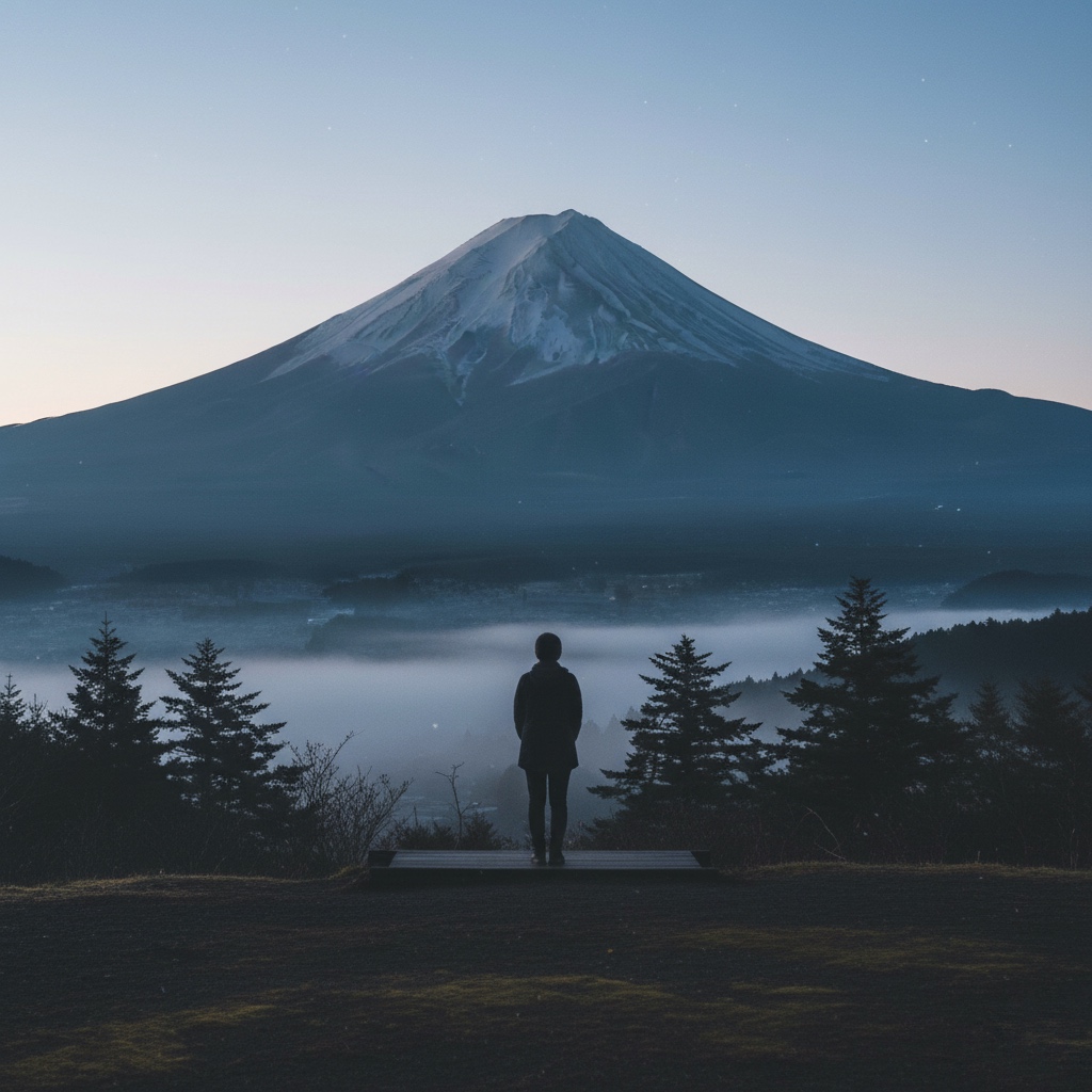 soft silhouette of a traveler silently facing Mt. Fuji near a Zen temple, evoking personal reflection and retreat experience