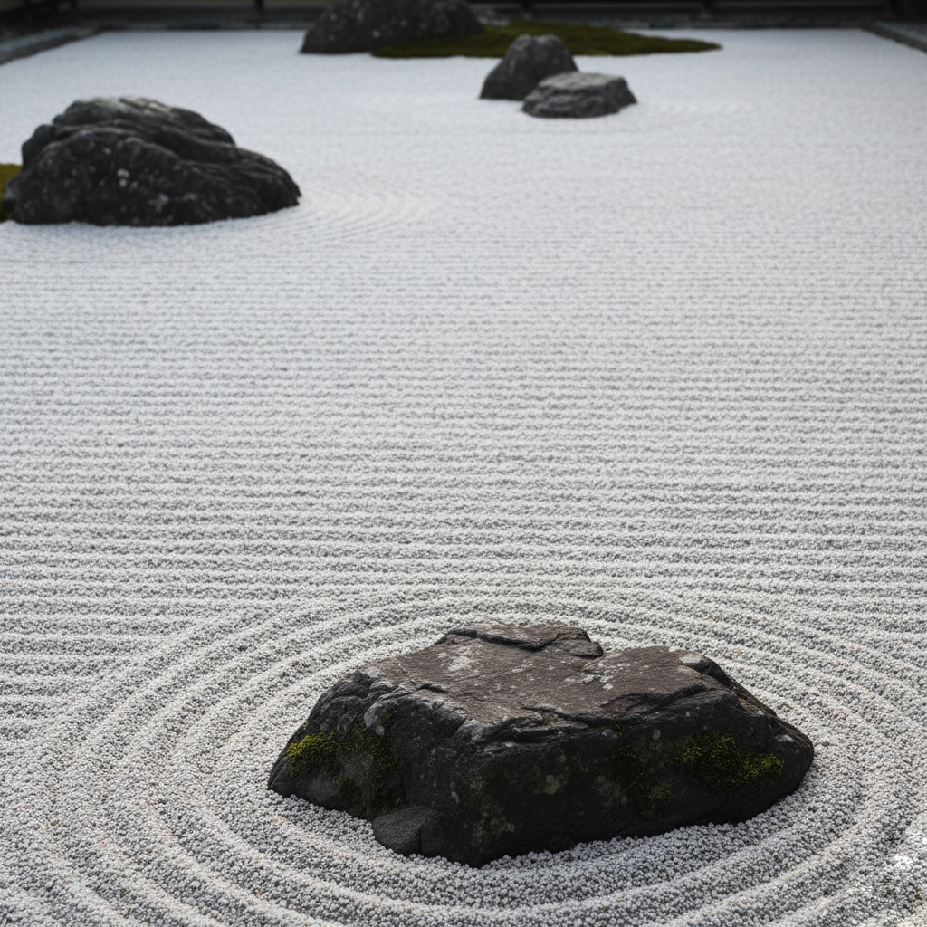 minimal close view of a Zen rock garden with raked white sand and stones, expressing silence and infinite stillness