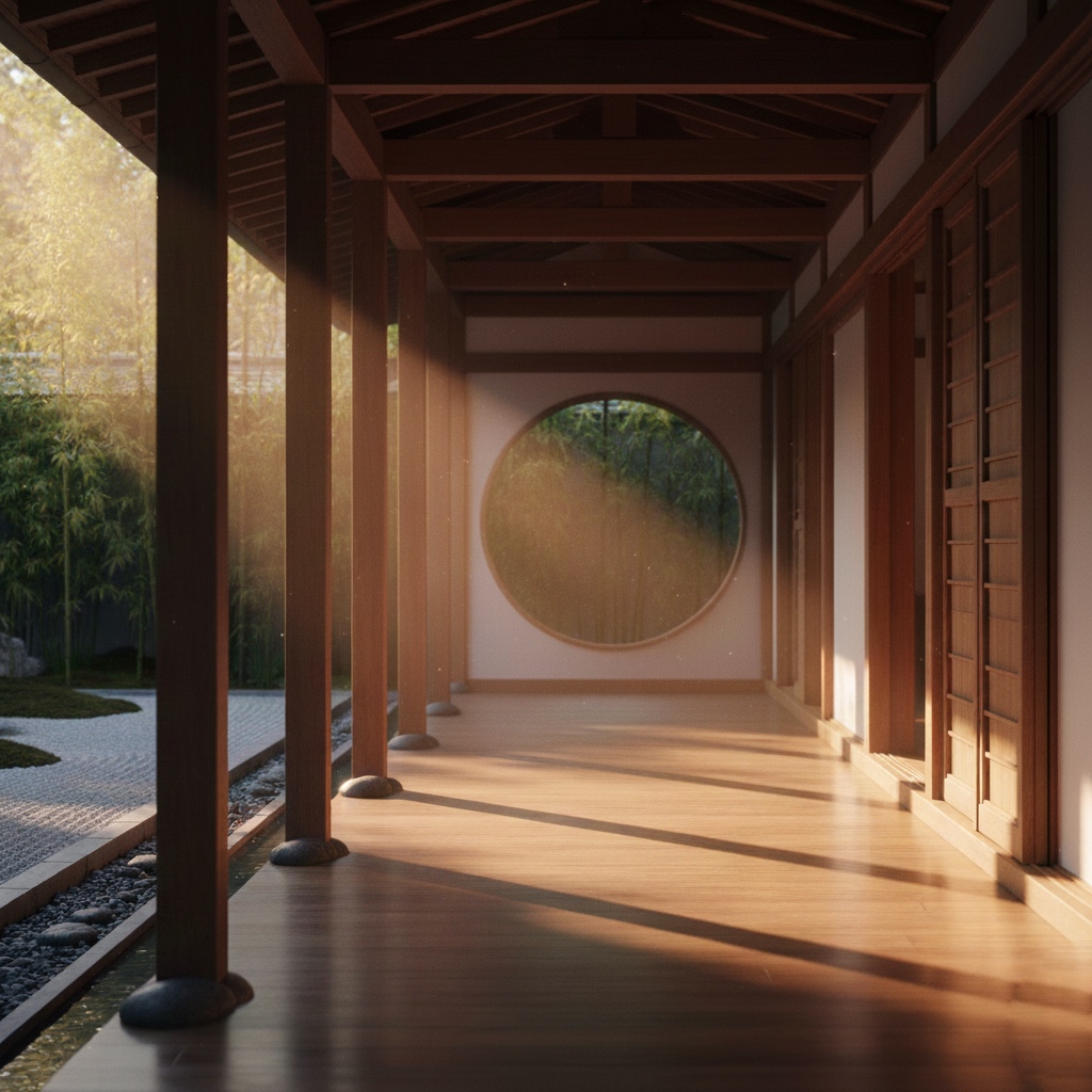 Geometric lines and soft light symbolizing harmony between structure and flow in Zen mindfulness