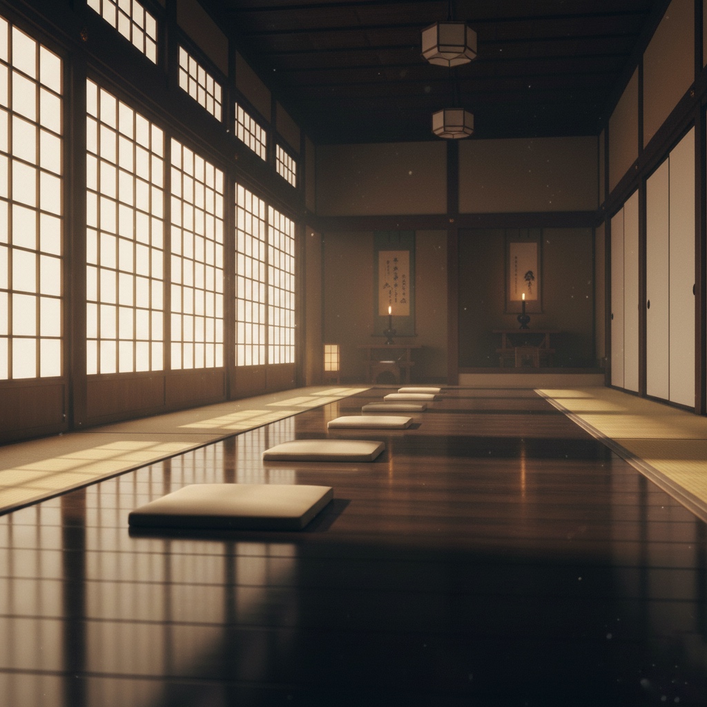 a tranquil temple interior in Japan filled with morning light, evoking the conversation within silence