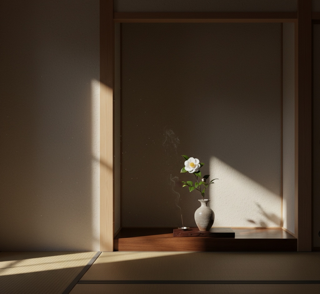 a single flower arranged in a tokonoma alcove, capturing the quiet simplicity and purity of Zen aesthetics