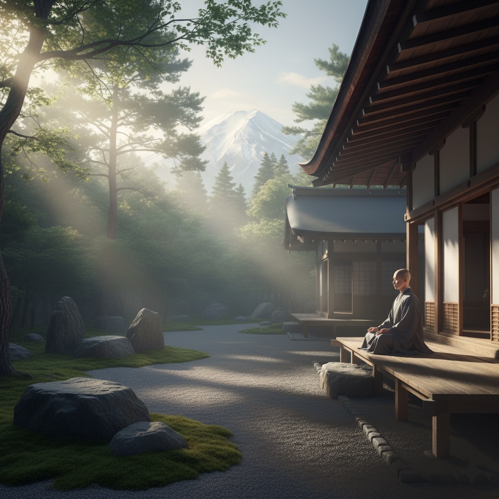a serene Zen meditation retreat scene in Japan near Mt. Fuji, symbolizing calm and mindfulness