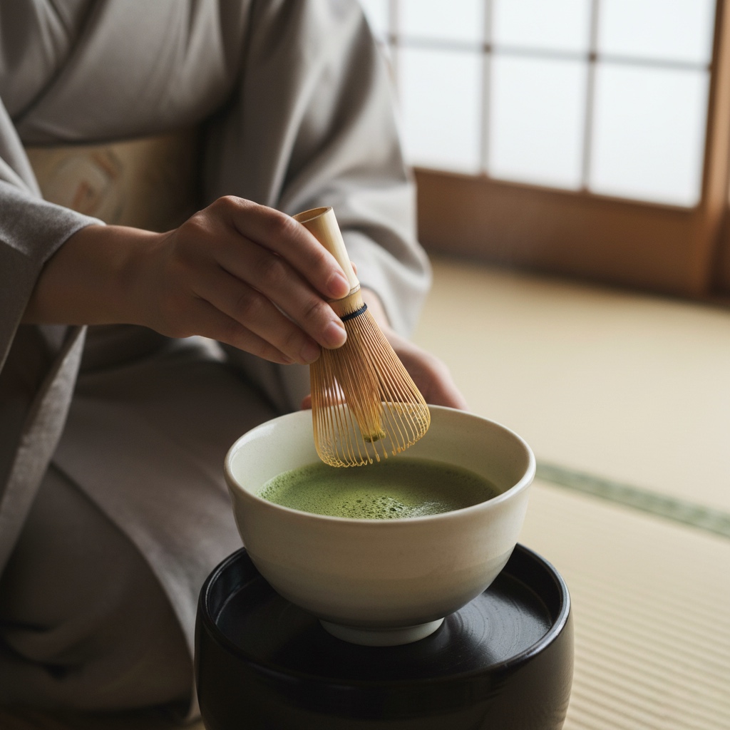hands holding a tea whisk before movement in a quiet Japanese tea ceremony moment, expressing harmony and mindful stillness