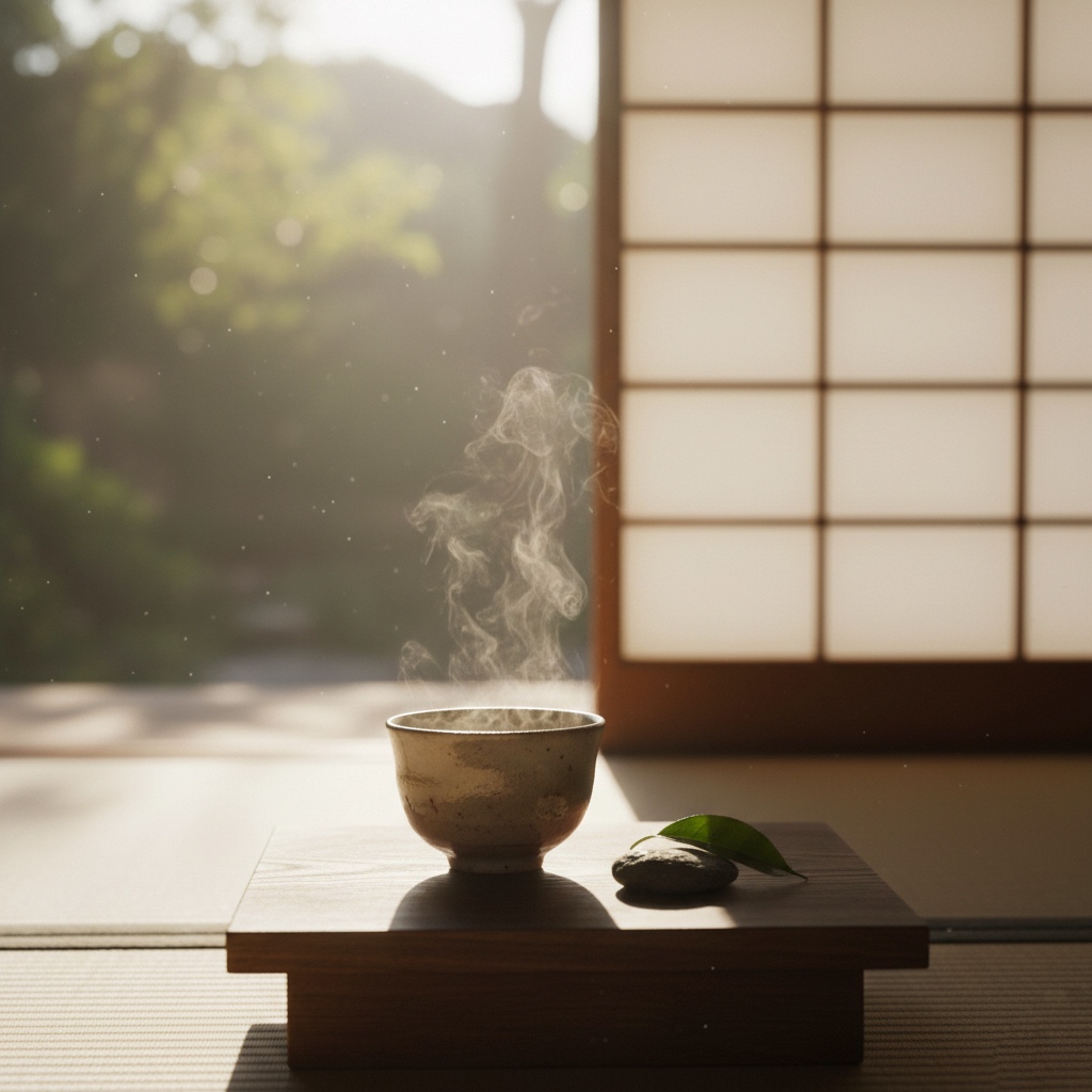 a cup of tea in gentle light symbolizing mindful awareness of time in a Zen retreat in Japan