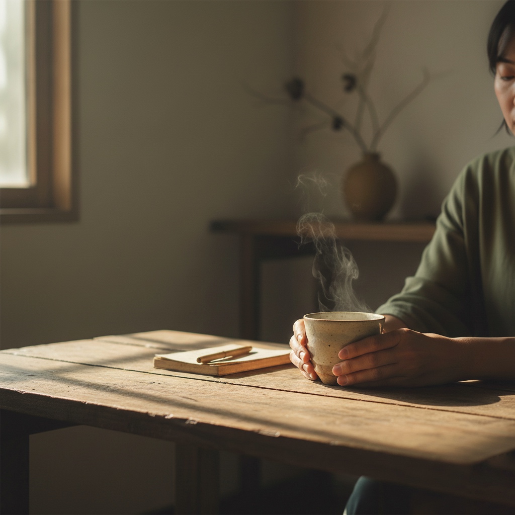 a steaming cup of tea on a wooden table illuminated by morning light, reflecting wabi-sabi in daily life