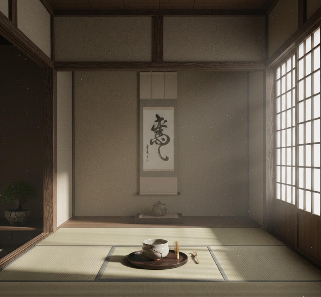 a quiet Japanese tea room bathed in soft natural light, symbolizing wabi-sabi and the Zen beauty of imperfection