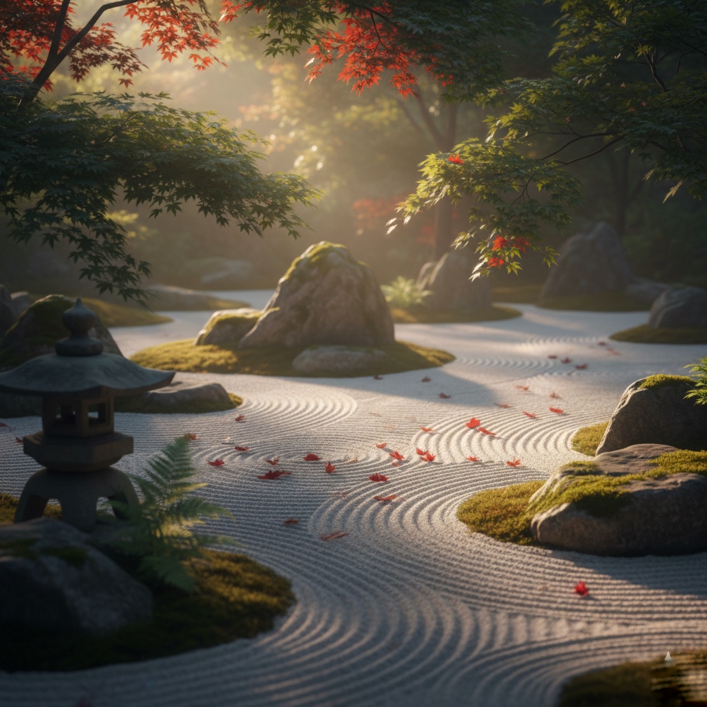 a serene Japanese garden in soft morning light, symbolizing the way of living wabi-sabi and inner peace