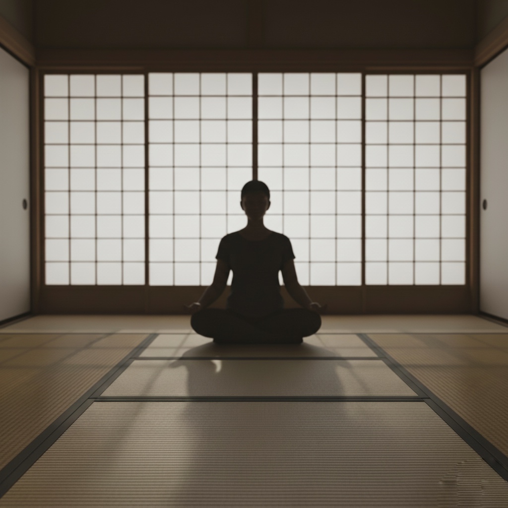 soft morning light in a Japanese tatami room where a person sits quietly in meditation, symbolizing Zen awareness