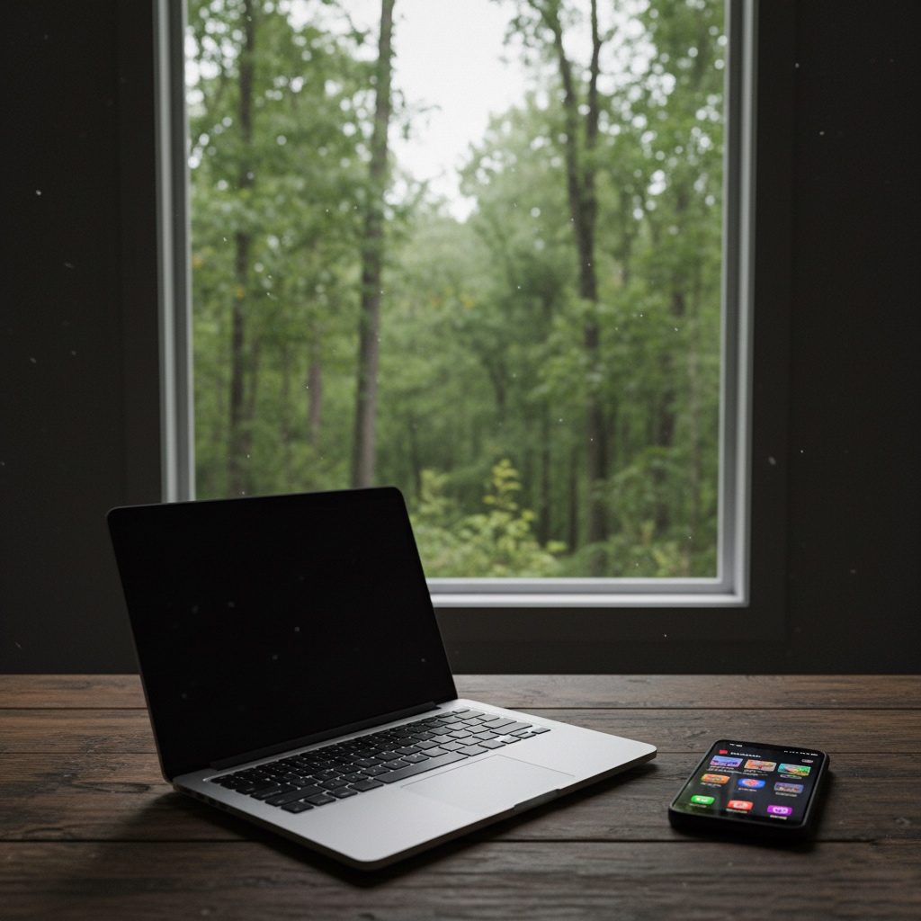 通知のついたスマートフォンとパソコン、窓の外に広がる静かな森の景色の写真