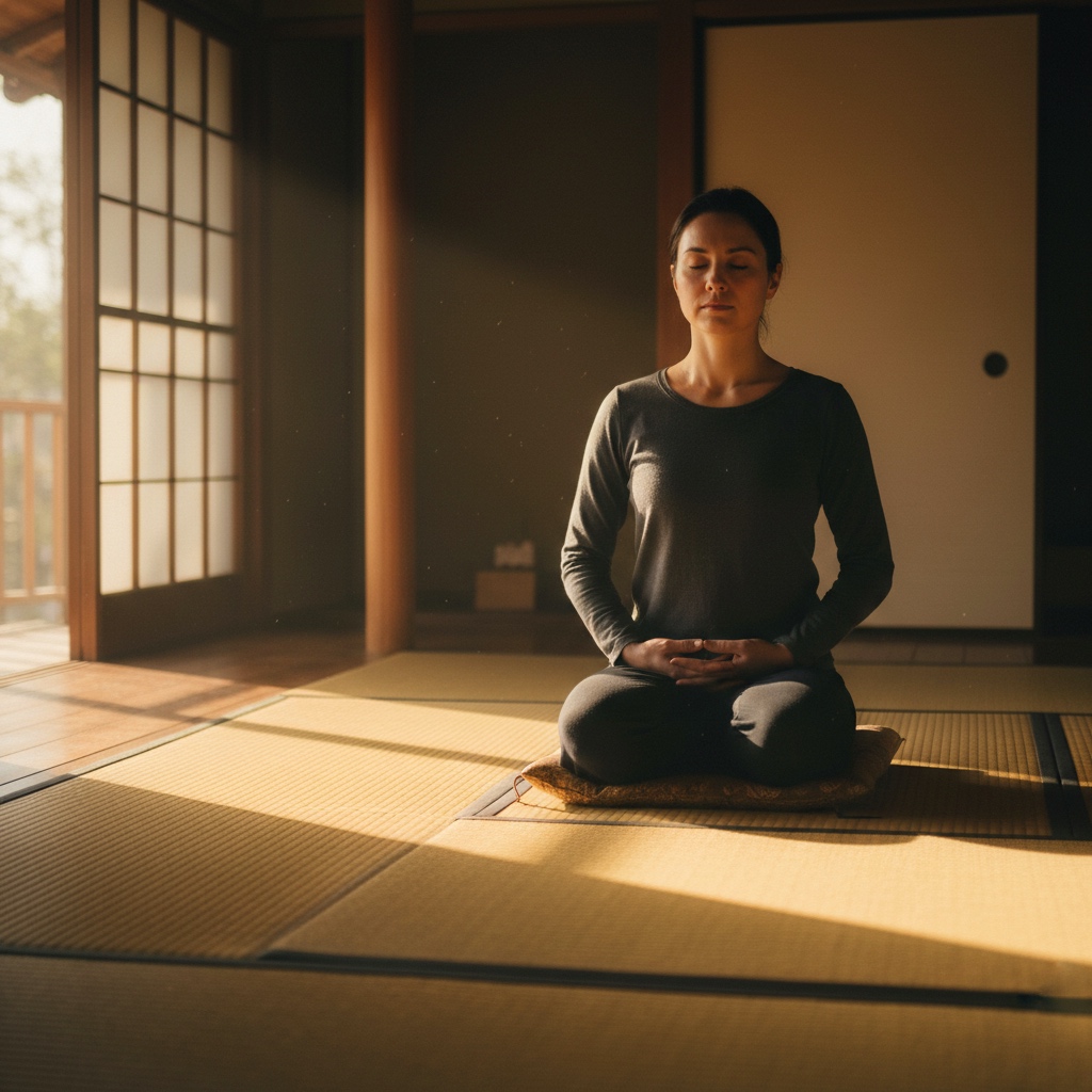 person practicing zazen in quiet morning light, symbolizing awareness and stillness