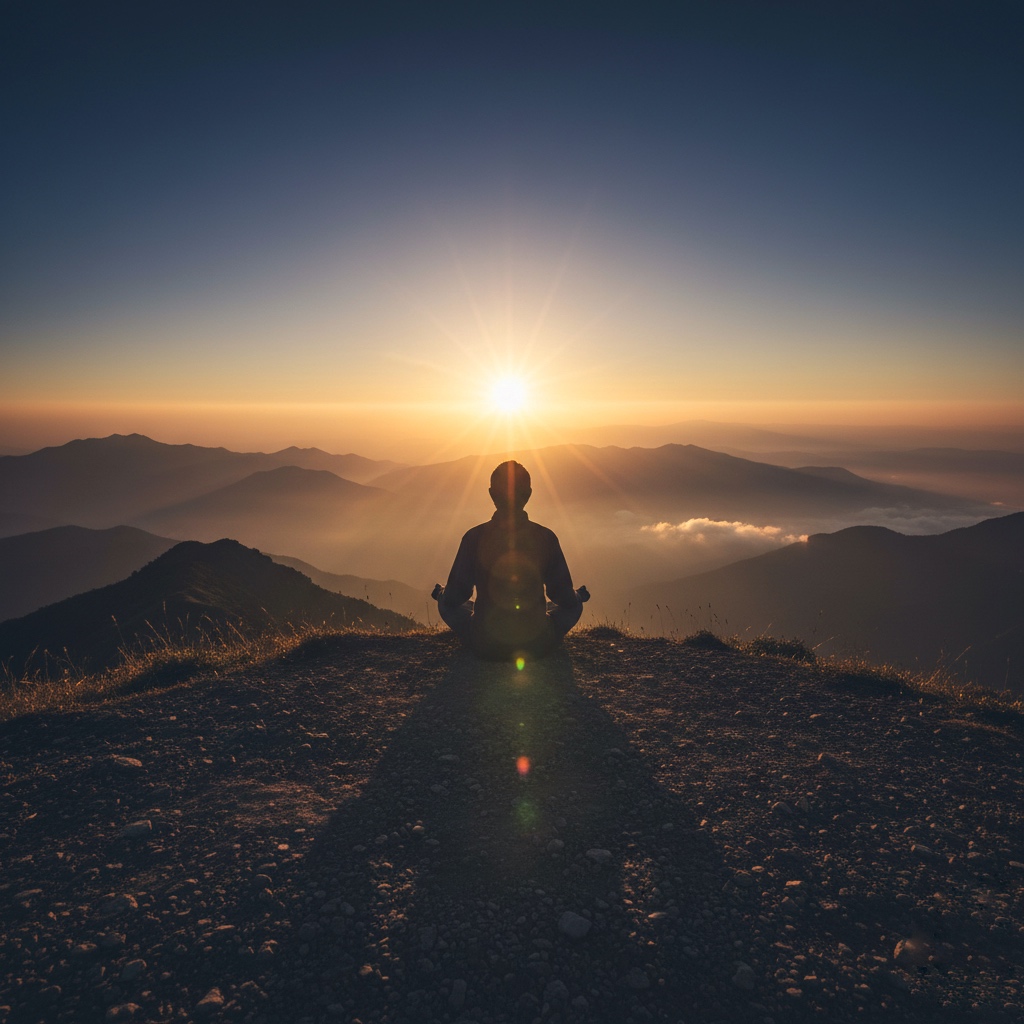 back view of person meditating at sunrise symbolizing awakening and lifelong Zen journey