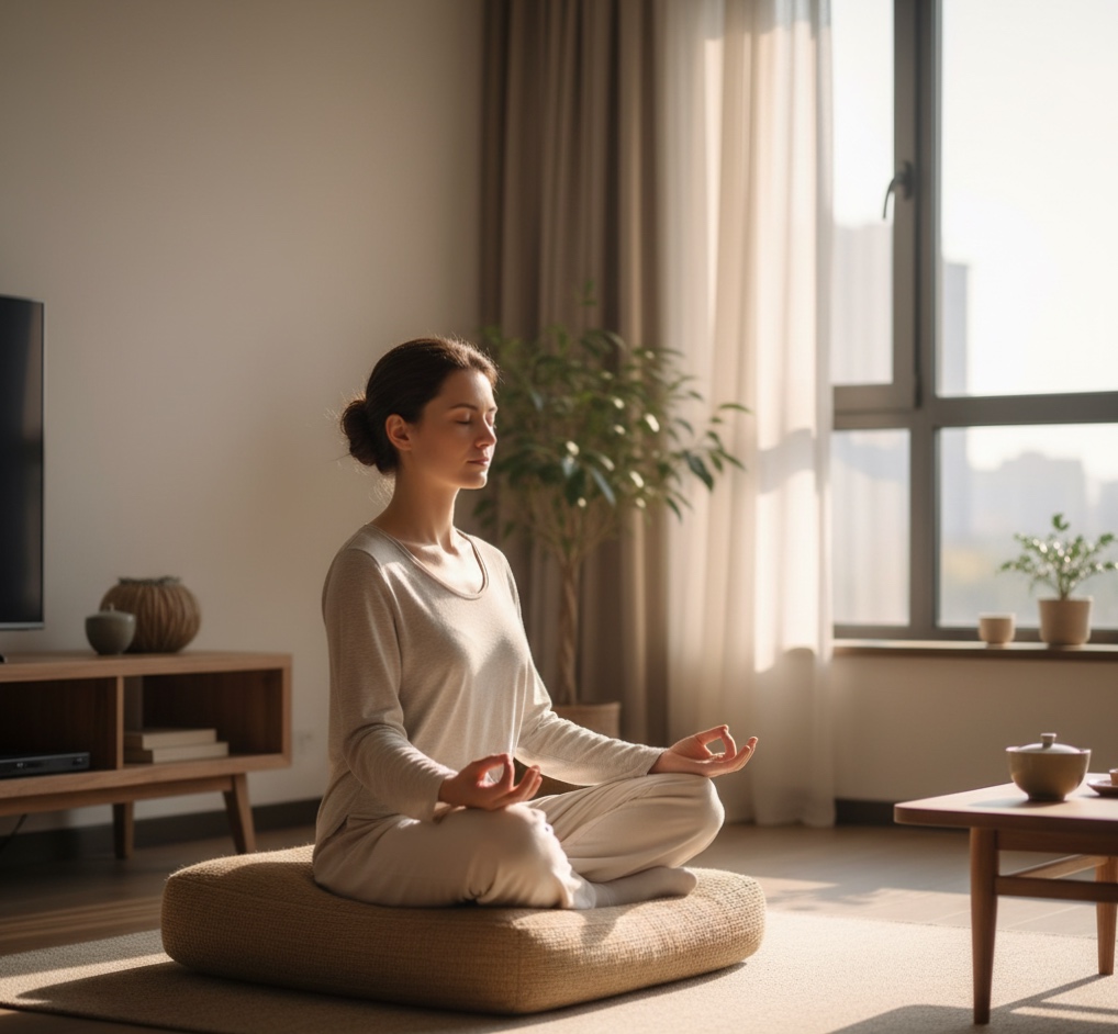person practicing Zen mindfulness at home, symbolizing everyday awareness