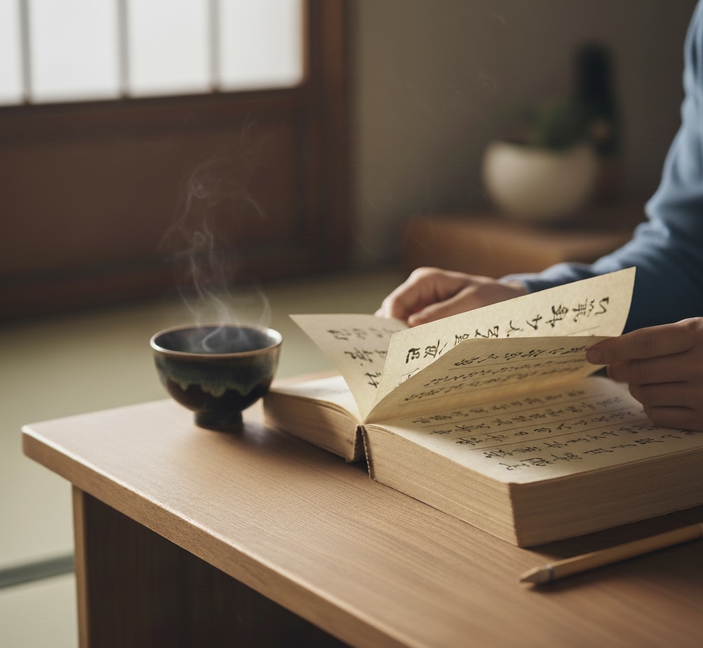 close-up of hands reading a Zen book beside brush and tea, symbolizing mindful study