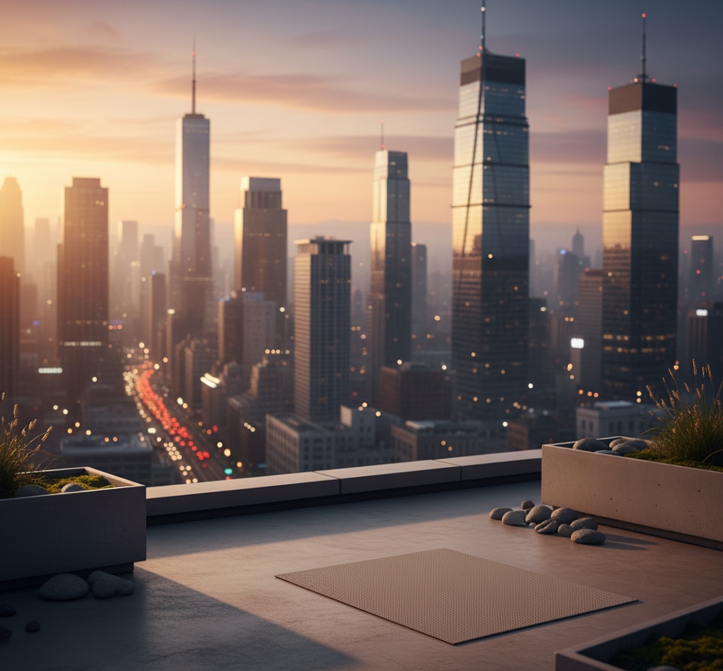 person meditating on rooftop overlooking city skyline, symbolizing Zen in modern life