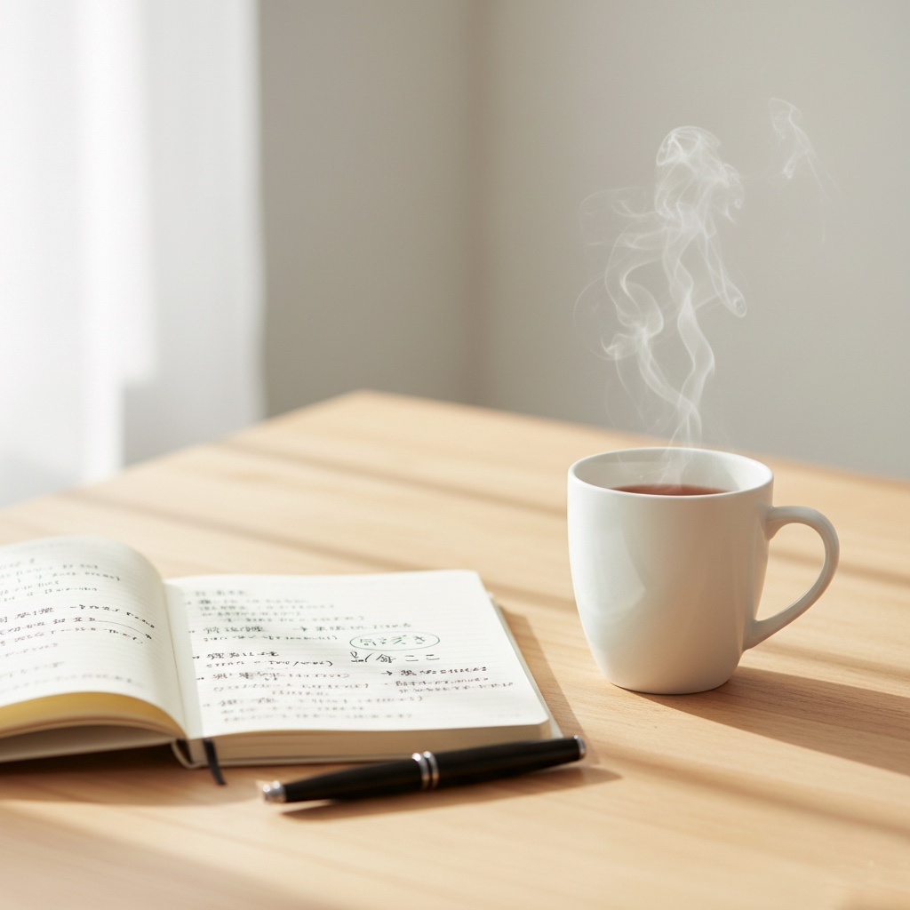 インドフルネスの実践をイメージした、湯気の立つお茶とノートが置かれたテーブルの写真