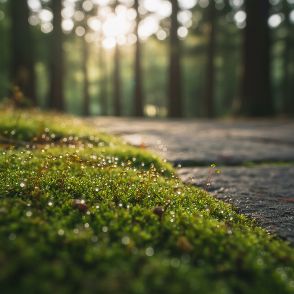 寺院の近くの苔が朝露で濡れているクローズアップ。柔らかな朝の光が苔の表面に静かに反射し、背景には杉林や石の質感がぼんやりと写る。人物なし。空気は澄み、静けさと“時間がゆっくり流れる感覚”を表現。実写、落ち着いたトーン、自然光。