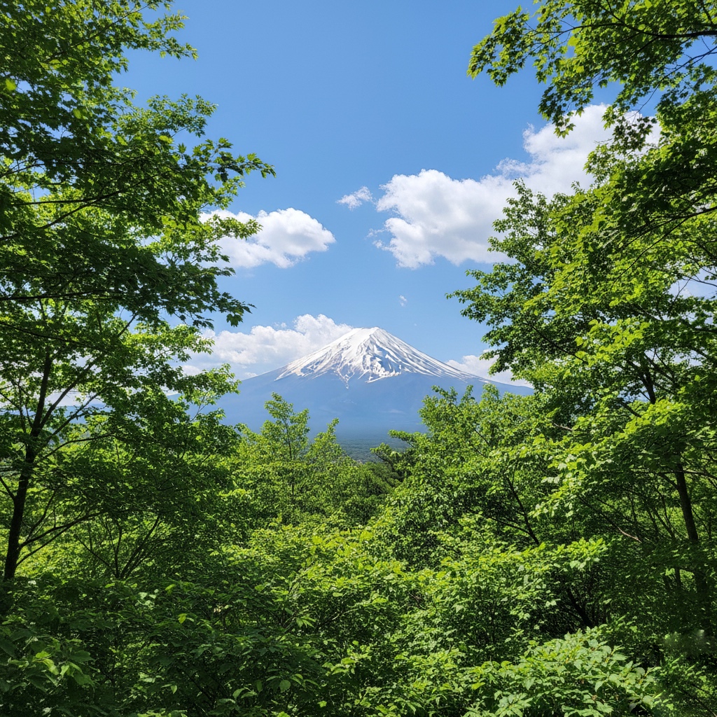 富士山を遠くに望む森の木々と澄んだ青空の風景
