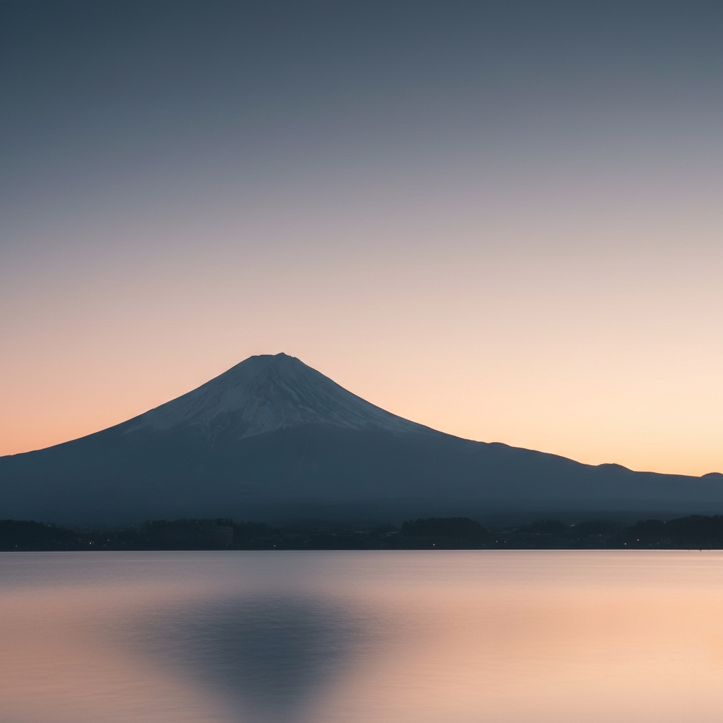 薄い光の中に浮かぶ富士山のシルエット。余白と静けさの象徴としての禅イメージ。