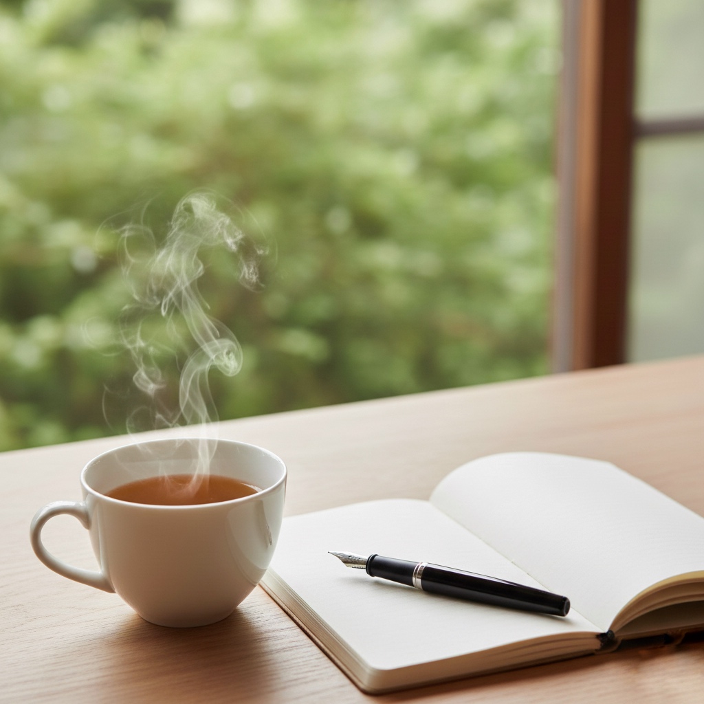 ハーブティーのカップとノートが置かれた木のテーブルの静かな一角