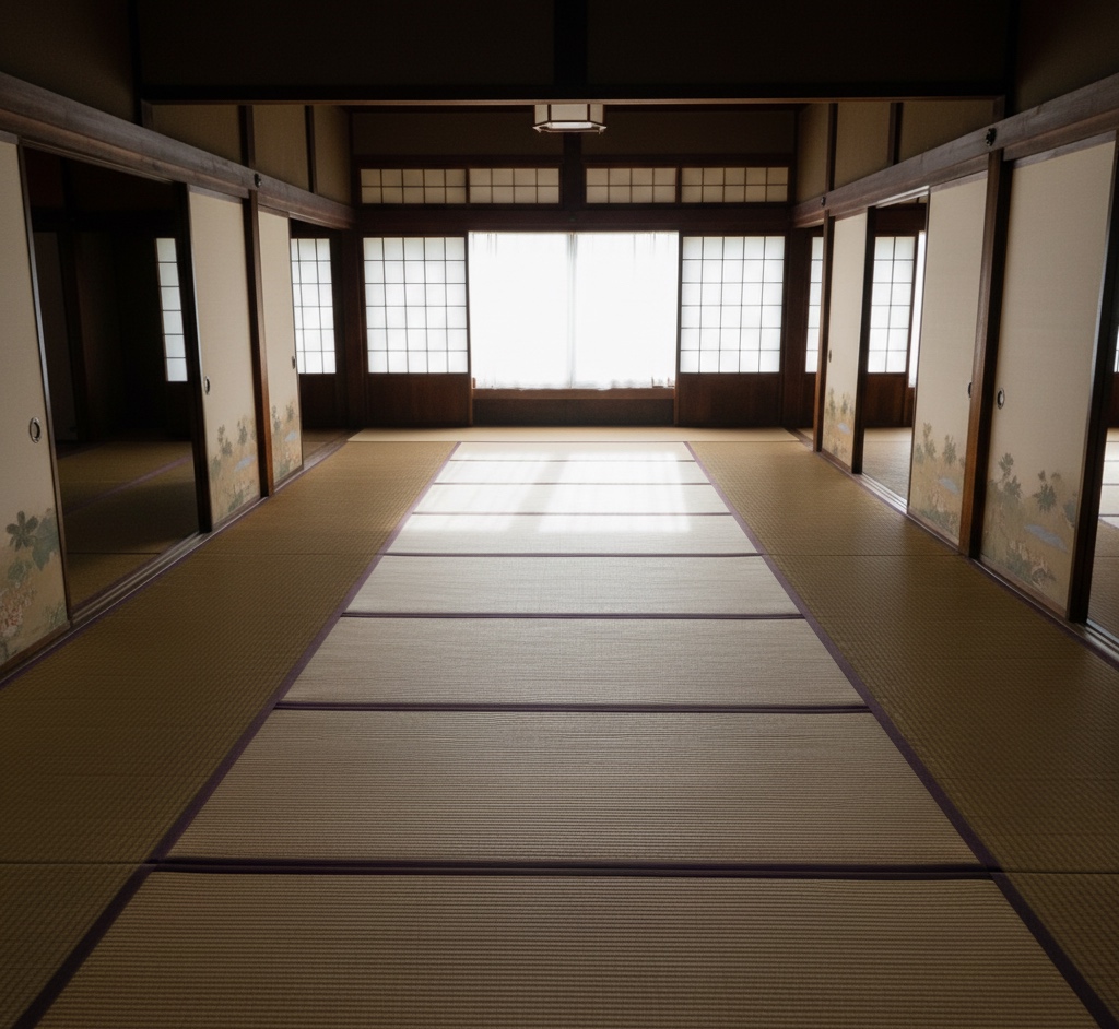 差し込む自然光と畳の広間、何も置かれていない静かな空間