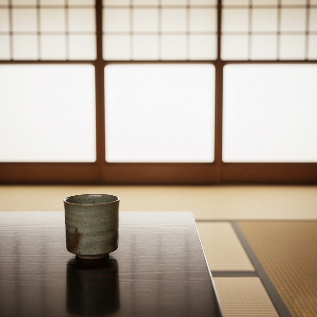 木の机に置かれた湯呑みと落ち着いた空間、余白を象徴する静かな構図