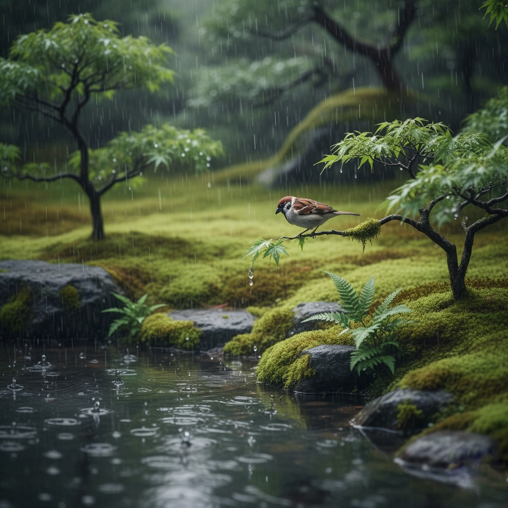 雨に濡れた苔庭と静けさの中に響く自然の音
