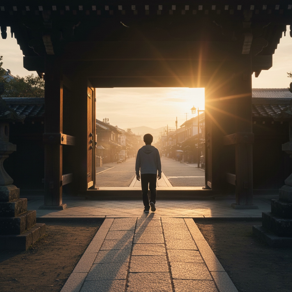 寺の門を出て日常に戻る人の後ろ姿
