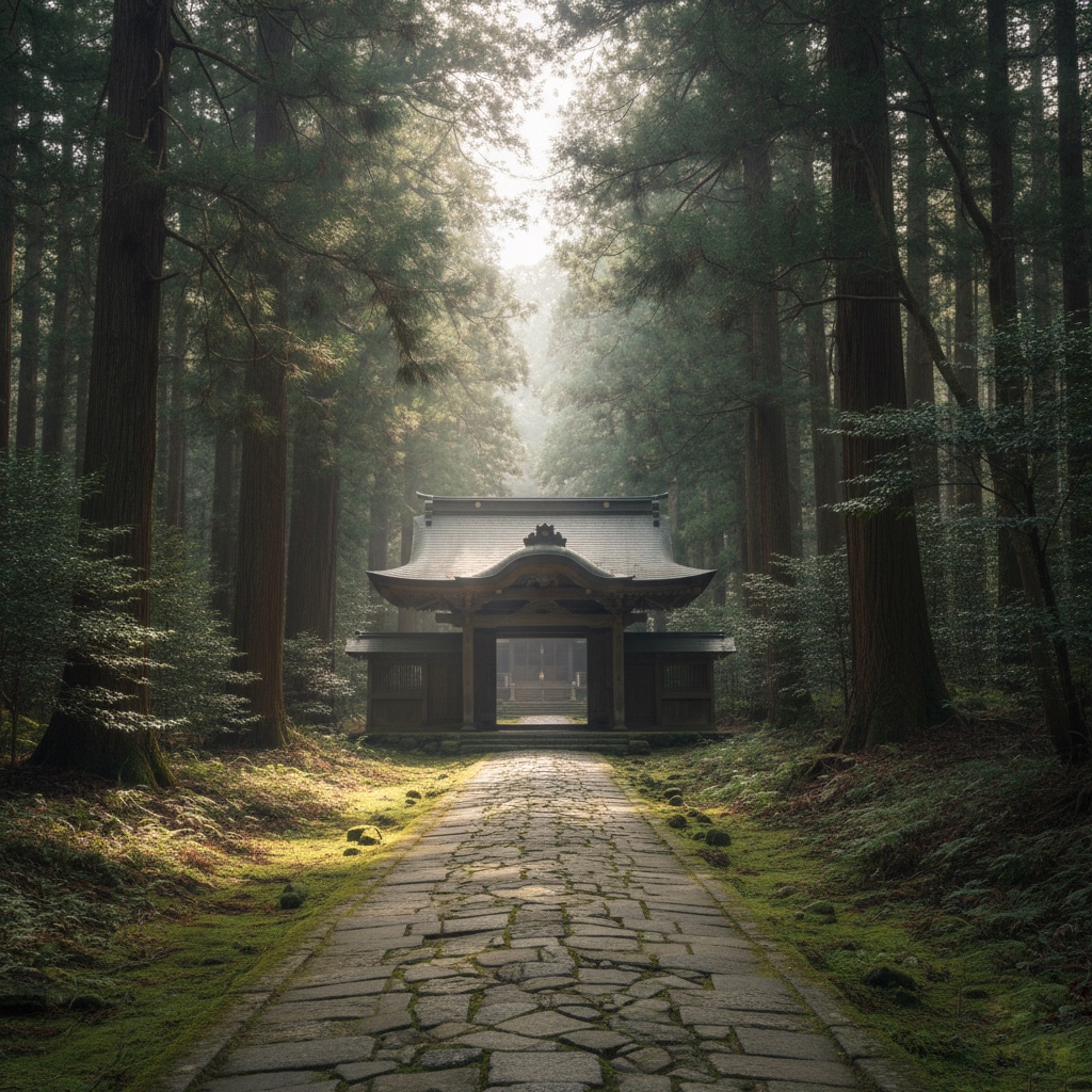 苔むした石畳と寺院の山門、静けさが漂う寺の入り口の風景
