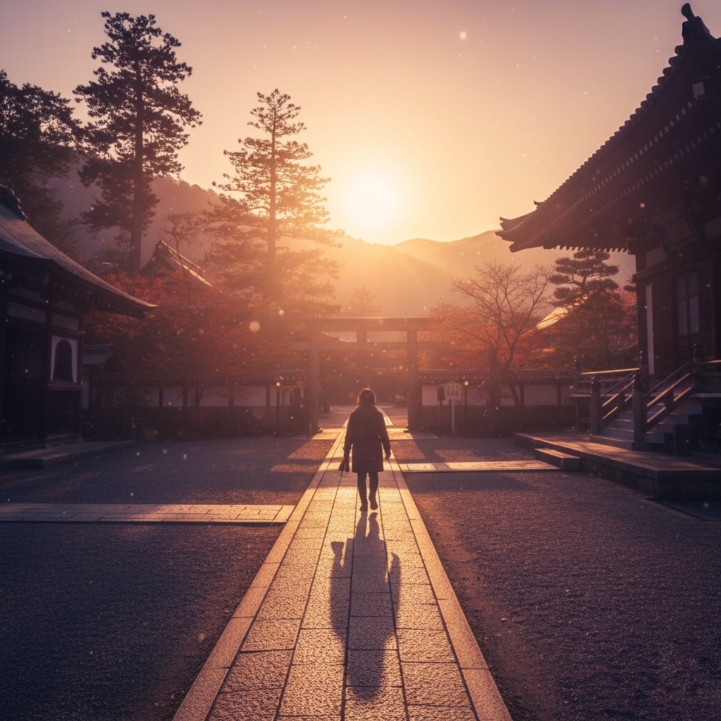 夕焼けに染まる耕雲院の境内を歩く人影と長い影、静かな余韻