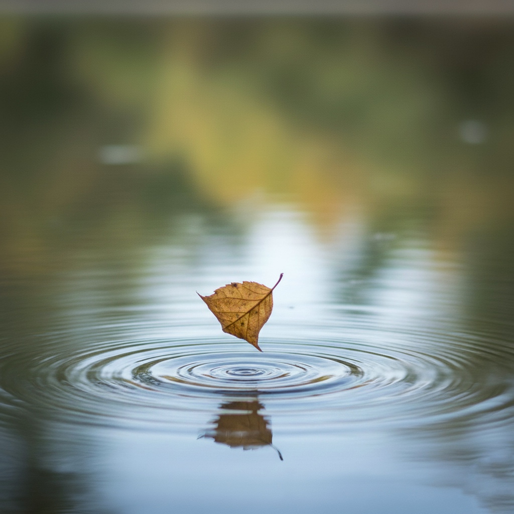 a single leaf falling on still water representing Zen unlearning and letting go