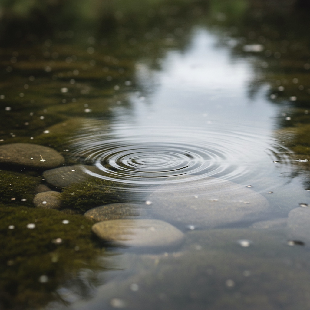 静かな水面に広がる波紋と反射する柔らかな光、心の再生と静けさを象徴する風景