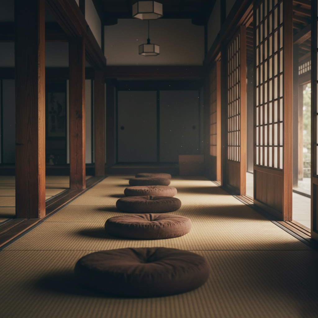 本堂の畳に整然と並べられた坐蒲と差し込む自然光