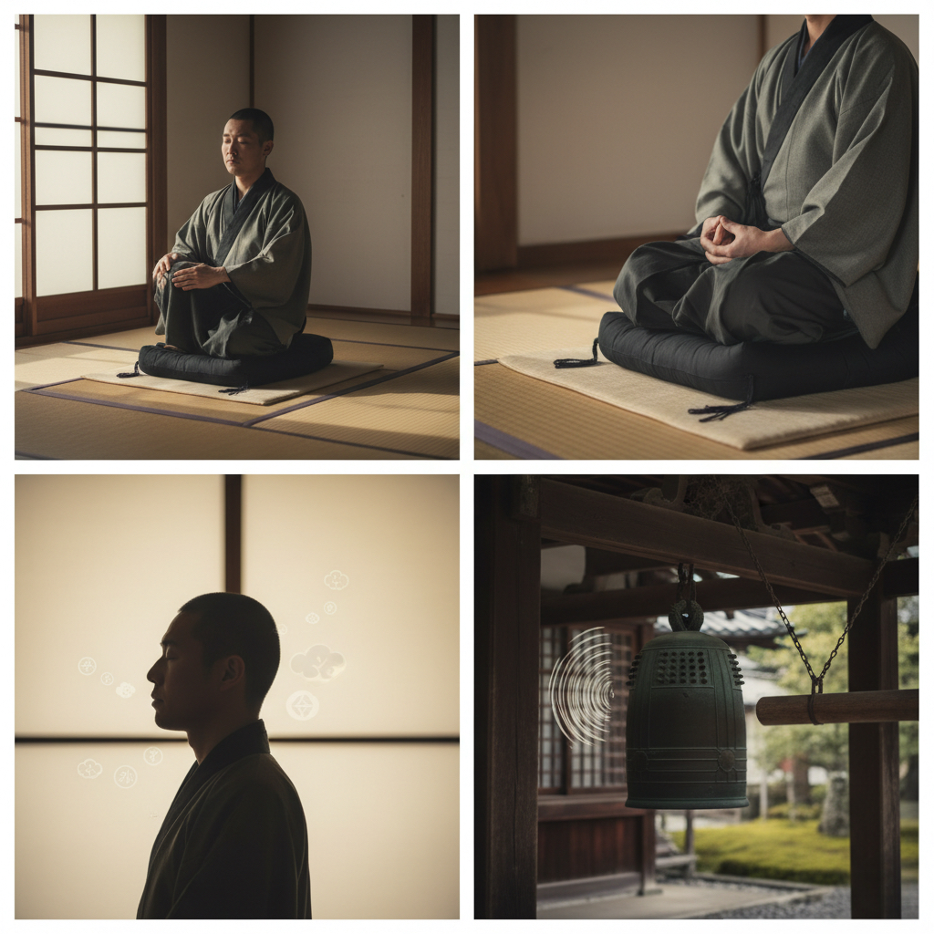 坐禅の流れを示す（姿勢を整える・呼吸に気づく・雑念に気づく・鐘の音で終える）4つの場面の写真コラージュ 