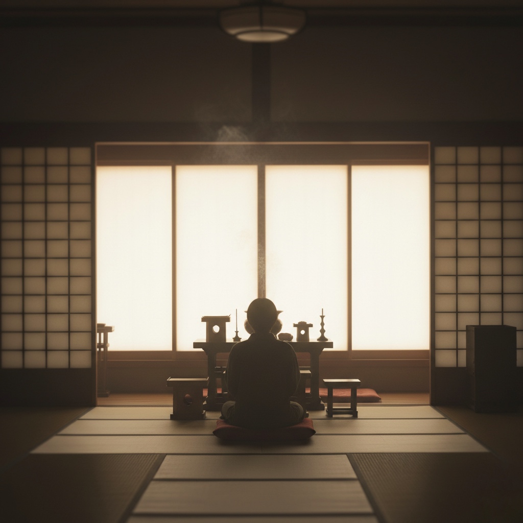 本堂で坐禅をする人のシルエット、静かな空気が漂う