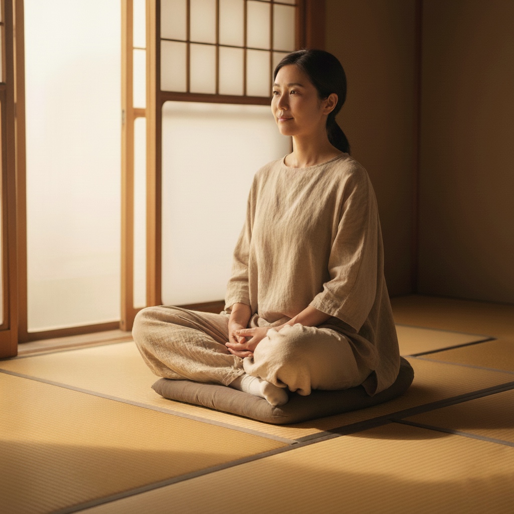 坐禅前の準備（動きやすい服装、軽めの食事、落ち着いた心構え）を表すイメージ